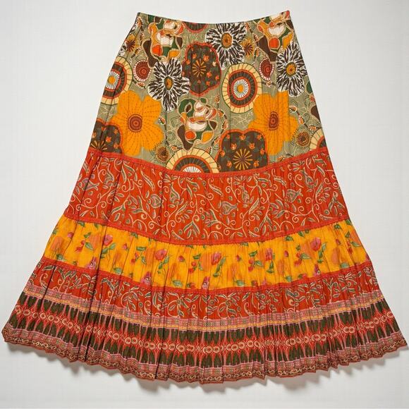 Coldwater Creek Boho Patchwork Floral Peasant Skirt PM Orange Tiered Y2K Midi - Picture 4 of 7